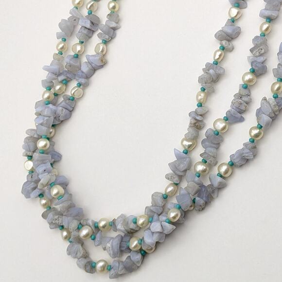 Light Blue Gemstone Freshwater Pearl Multi-Strand Necklace Sterling Silver 925 - Picture 9 of 10